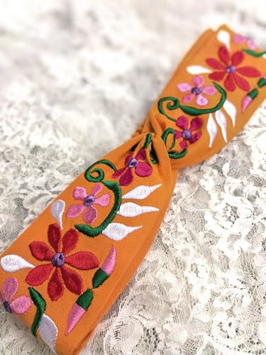 FANFAN Boho Flower Headband Orange Embroidered Elastic Hair Band One Size E9 (Orange, One Size) - color: Orange