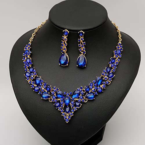 CSY 4 Pcs/Set Austrian Crystal Necklace Earrings Bracelet Ring Bridal Jewelry Sets for Brides Wedding Party Costume Accessories Gifts for Women - color: 02-gold plated-royal blue