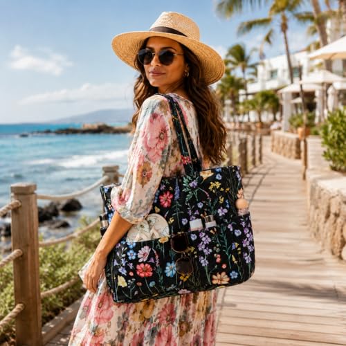 Bluboon Waterproof Beach Tote Pool Bags for Women Ladies Extra Large Carry On Bag With Wet Compartment for Weekender Travel - color: Black Butterfly-floral