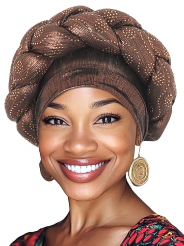 Woeoe African Headwrap Gold Braided Turbans for Women - color: Brown
