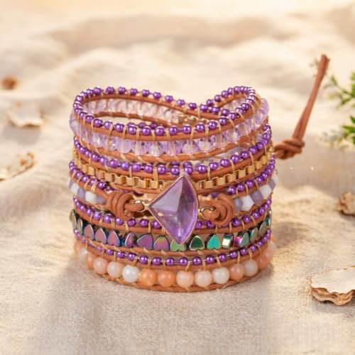 YGLINE Natural Stone Beaded Healing Wax String 5 Wraps Bracelets - color: purple