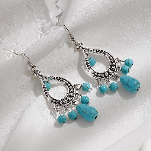 coadipress Bohemian Turquoise Beaded Tassel Earring for Women Ethnic Chandelier Boho Beads Earrings Hollow Out Turquoises Beaded Statement Earrings Ethnic Style Jewelry Gifts - color: Turquoise Beaded Tassel
