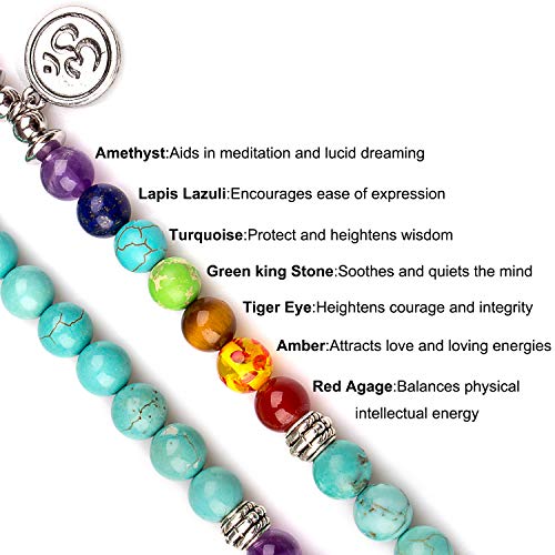 108 Mala Beads Necklace 7 Chakra Buddhist Prayer Beaded Bracelet Tree of Life Pendant Stone Yoga Necklace - color: Tassel-Turquoise