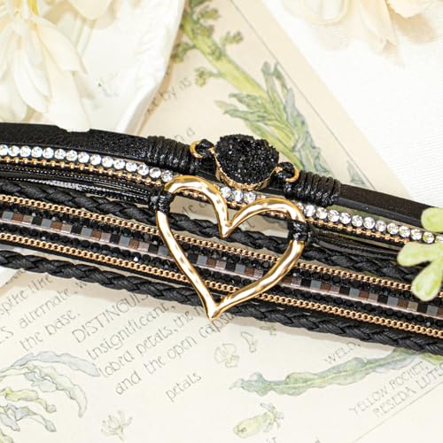 Leather Wrap Bracelet for Women, Boho Cuff Bracelet with Strong Clasp, Multi-Layer Crystal Leather Bracelet for Valentine Mother's Day - color: 01-Heart-Black