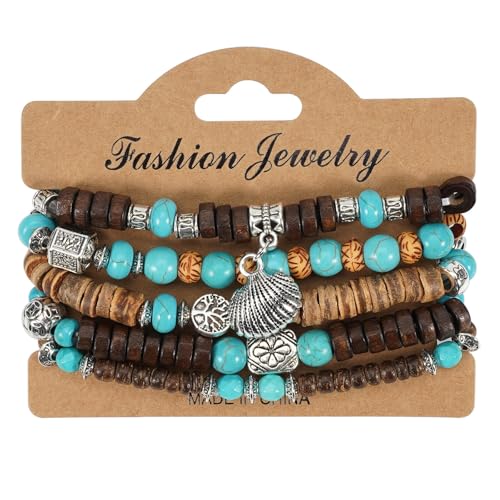 COLORFUL BLING Boho Turquoise Wooden Beaded Stretch Bracelets Stackable Turtle Butterfly Elephant Shell Heart Charms Bracelet for Women Men Western Jewelry Gifts - style: Set 4