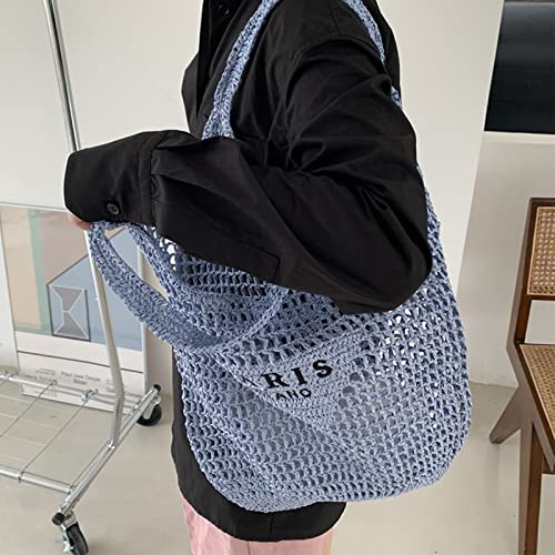POOOPSSD New Woven Bag, Straw Mesh Tote Bag, Beach, Shoulder Bag, Hobo Women, Foldable Large Capacity, for Holiday. - color: Blue