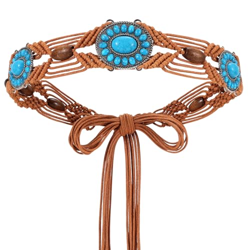 WHIPPY Boho Turquoise Belt for Women Wax Rope Braided Waist Belt Western Hand-Woven Bead Tassel Belts for Dress, 2” Wide - color: Brown