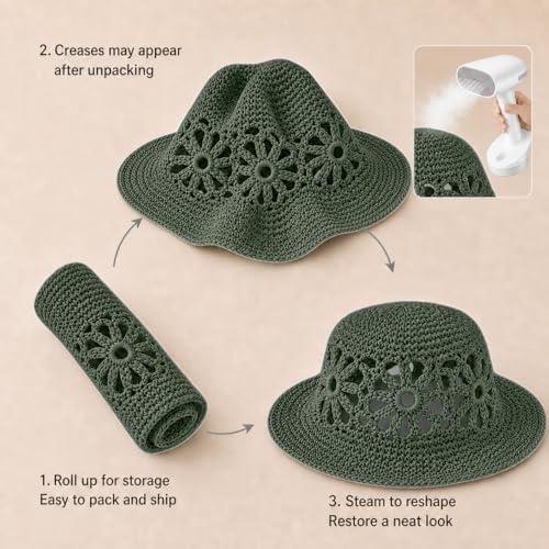 Handmade Women's Crochet Straw Bucket Hat Packable Daisy Beach Cap | Adjustable Inner Drawstring, Airy Lightweight Paper Fiber, Face Shade, Easy Storage, Feminine Openwork Floral Style - color: Green