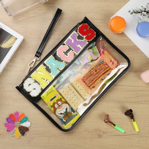 Clear Snack Bag for Travel, Chenille Letter Clear Zipper Snacks Pouch Nylon Cosmetic Bag Makeup Travel Bag for Women - color: Black