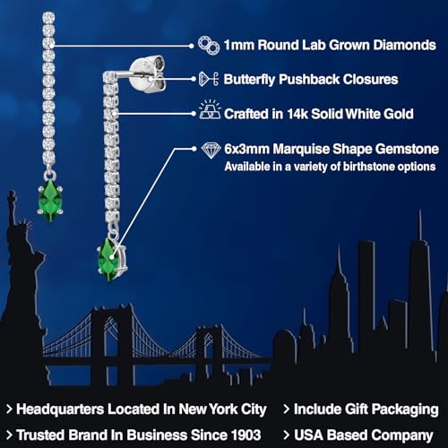 Gem Stone King 14K White Gold Gemstone Birthstone and White Lab Grown Diamond Long Liner Dangle Earrings for Women | Marquise 6X3MM | White Gold Chain Drop Earrings - style: Nano Emerald, May