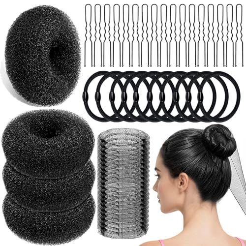 YINGFENG 134 Pcs Black Hair Bun Maker Kit Medium - 4 Bun Hair Pieces for Women, 20 Hair Net for Buns, 100 Bobby Pins for Women, 10 Hair Bands, for Ballet Styling, Hair Accessories for Girls - color: black, size: Medium