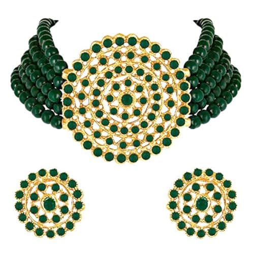 Aheli Pearl Diamond Choker Necklace & Round Earrings Gift for Women Indian Traditional Bollywood Fashion Bharatanatyam jewellery set - color: Green 2