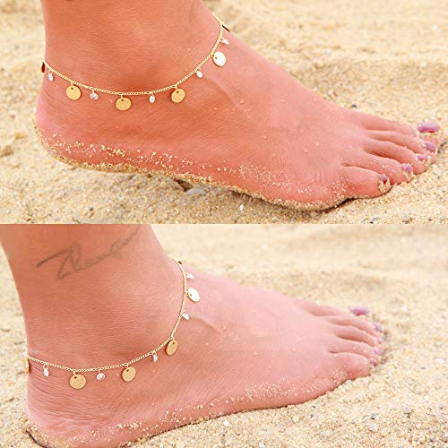 LOYATA Dainty Ankle Bracelet,14K Gold Plated Tiny Bead Anklet Dainty White Cubic Zirconia Cross Tassel Foot Chain Cute Lucky Moon Evil Eye Foot Jewelry Boho Anklets for Women - color: Moon 1