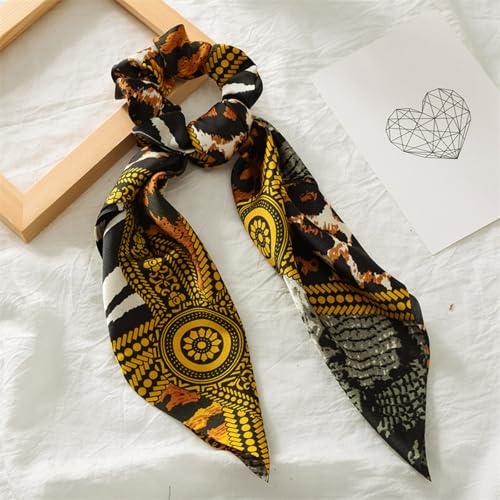 Boho Hair Scarf Scrunchies, 12” Floral Satin Bow Ties Long Bandana, French-Inspired Cheetah Ribbon Ponytail Holder Hair Accessories (Cheetah, 4 Pack) - color: Cheetah