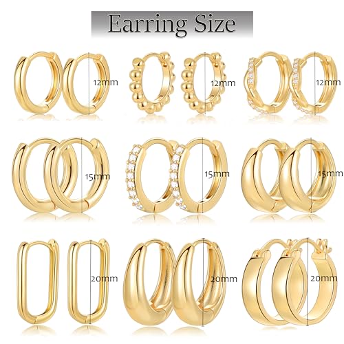 9 Pairs Small Gold/Silver Hoop Huggie Earrings Set for Women, 14K Gold Plated Chunky Hoop Small Earring Hypoallergenic Thick Open Lightweight Chunky Hoop Earrings Jewelry for Gifts - color: gold-standard