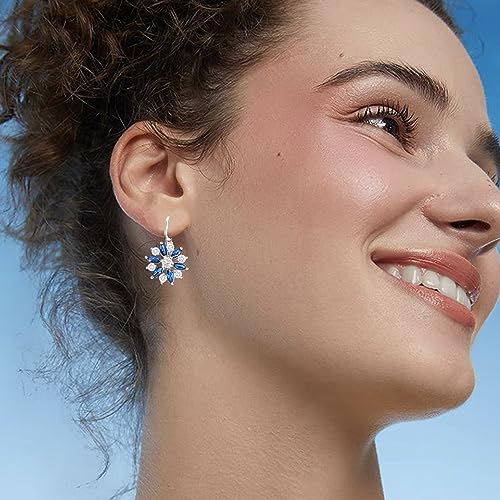 Unique Bohemian Vintage Sparkly Crystal Colorful Round Flower leverback earrings Boho Retro Bronze Circle Beaded Flower Floral Dangle Drop Earrings for Women - color: Blue snowflake