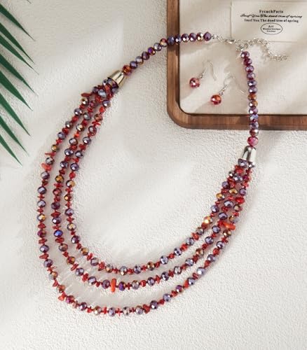 Errally Layered Beaded Statement Necklace Multi Strand Crystal Beads Collar Necklace and Earring Sets for Women Fashion Costume Jewelry Set Gifts for Her - color: 15-Dark Red