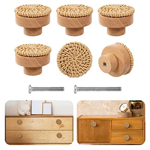 ANPHSIN Boho Rattan Cabinet Dresser Knobs- Durable Beech Wood Drawer Knobs, Decorative Handmade Wicker Woven Pulls Handles with 12 Screws for Home Furniture - style: Round Rattan (6 pcs)