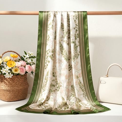 Pistha Head Scarf Bandana for Women, Satin Scarf for Hair, Large Square Silk Bandana Headscarf for Women and Men 35 Inch - style: Flower-light Green