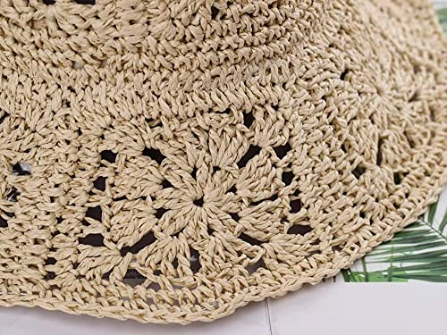 Women Straw Sun Hat Floral Woven Crochet Bucket Hat Y2k Aesthetic Accessories Beach Hat Hand Woven Boho Foldable Cap - color: Beige