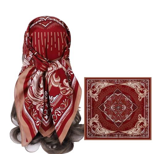 Women's Square Silk Like Head Scarf Large 35 inch Silk Feeling Hair Wrapping Satin Scarves for Sleeping Bandanas - color: A021-2 Twill Red