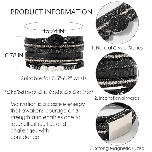 Artilady Leather Wrap Bracelets for Women - Pearl Bracelets Handmade Clasp Bangle Bracelet with Beads Jewelry Gift for Women and Mother - style: So She Did, Black