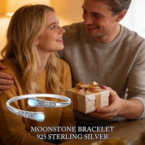 925 Sterling Silver Genuine Gemstone Bracelet for Women Men Handmade Adjustable Boho Navajo Style Bangle Cuff Natural Stone Jewelry Gift - color: Moonstone