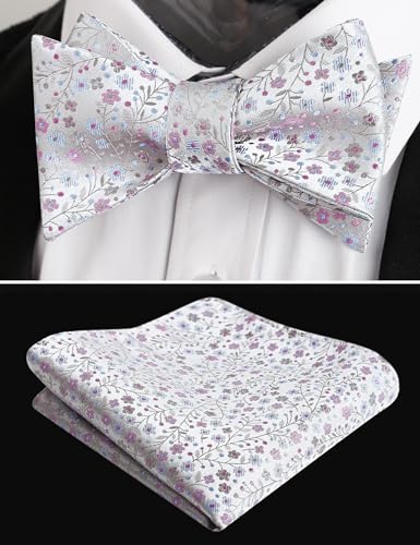 Alizeal Mens 2pcs Classic Floral Pattern Self-tied Bow Tie and Handkerchief Set - color: 045-gray+lavender