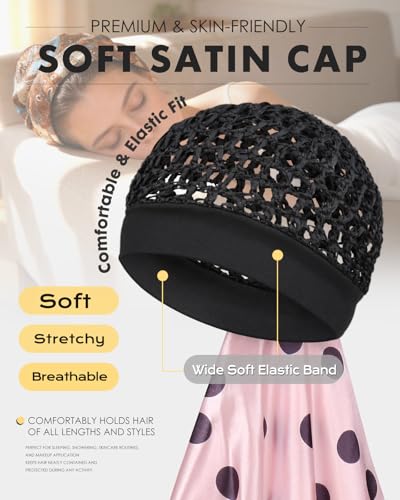 Satin Hair Net Wrap Cap for Sleeping - Stretchy Hair Net and Scarf, No Red Marks Soft Edge, Breathable Hair Wrap Scarf for Silk Press - color: Pastel Dot