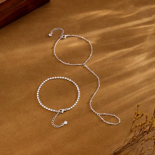 Moodear Gold Hand Chain Bracelet for Women - 14K Gold Plated/Sterling Silver Layered Adjustable Satellite Bead Paperclip Dot CZ Link Hand Chain Ring Bracelets Non Tarnish Trendy Jewelry Gift - style: Dot Hand Chain-SL