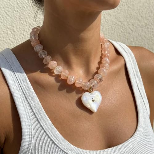 Elegance 11 designs Chunky Heart Necklace for Women, Colorful Acrylic Beaded Statement Puff Heart Necklace, Cute Boho Y2K Choker Necklace for Gift Jewelry - color: Pink Heart Pendant Necklace