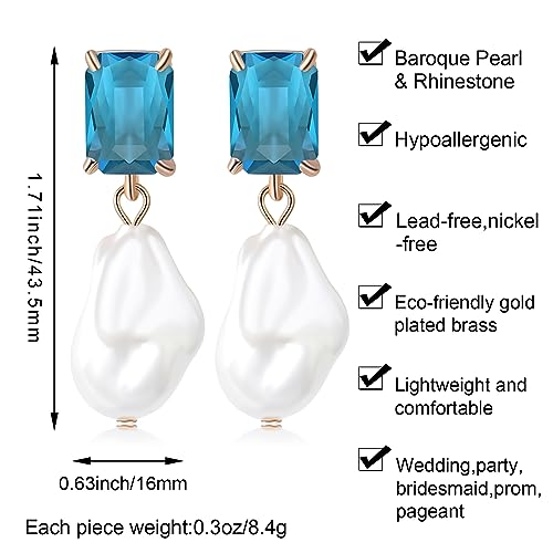 Fashion Pearl Drop Earrings for Women With Crystal - Rhinestone Statement Earrings with Pearl Dangling Studs - Large White Baroque Pearl Earrings for Bridesmaid Wedding Party Birthday Holiday - color: Light Blue