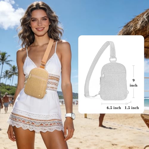 Haytijoe Faux Straw Crossbody Bags for Women RFID Summer Raffia Sling Bag Beach Vacation Travel Purse - color: Pure Khaki Thin
