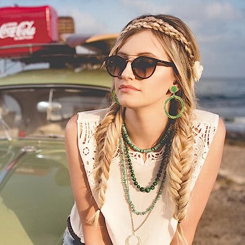 Boho Raffia Hoop Dangle Earrings Twisted - Statement Rattan Round Geometric Earrings For Summer Beach Vacation - color: GREEN