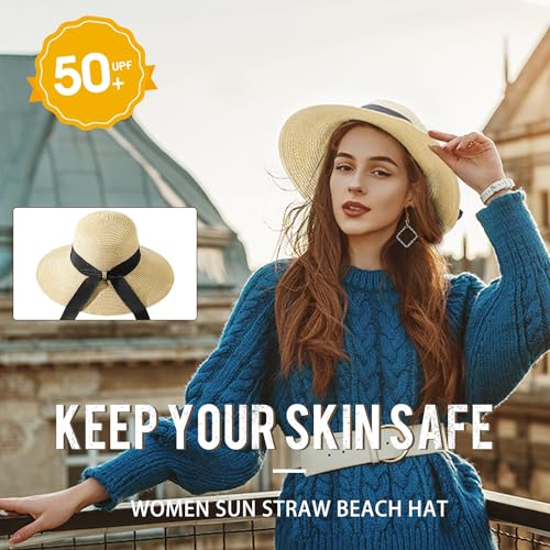 Beach Hats for Women, Sun Straw Hat for Women, UPF 50+ UV Sun Protection Sun Hat Womens, Foldable Floppy Sun Hat - color: C-beige