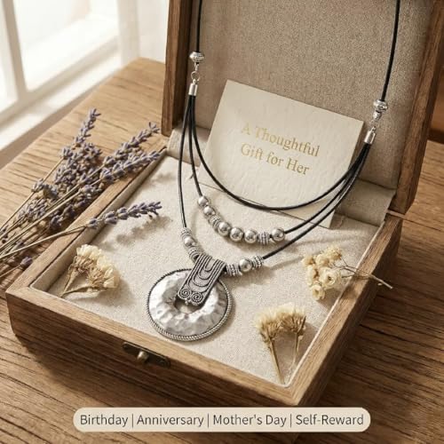Chunky Boho Leather Necklace for Women,Silver Vintage Long Necklaces Hammered Circle Pendant Beaded Necklace Trendy Jewelry Gifts for Women