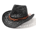 AQOKKA Straw Cowboy Hats for Women Men Western Cowgirl Hats with Shapeable Brim Woven Hollow Out Unisex Beach Roll Up Caps - color: Brown Beads Cowboy Hat : Black