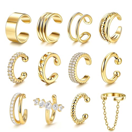 Ear Cuffs Non Piercing 14K Gold Plated Ear Cuff Earrings for Women Trendy Clip on Cartilage Earring Stacks Non Pierced Adjustable Fake Earrings Set Jewelry - color: A6:Gold Ear Cuffs-12Pcs