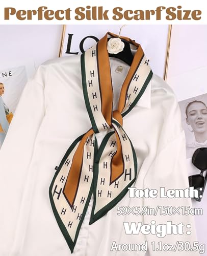 kcctoo 59” Long Silk Like Head Scarf Women's Fashion Square Neck Satin Scarfs for Bag Hair Scarves Gift 59 * 5.9” - color: M1 Green Vertical Bar H 59" X 5.9"