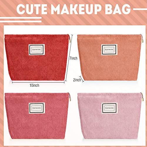 Sanwuta 4 Pack Velvet Makeup Bag Cosmetic Bag for Women Large Capacity Corduroy Pouch Zipper Canvas Travel Toiletry Purse Make up Organizer Case Accessories(Red Series,Plaid) - color: Red Series