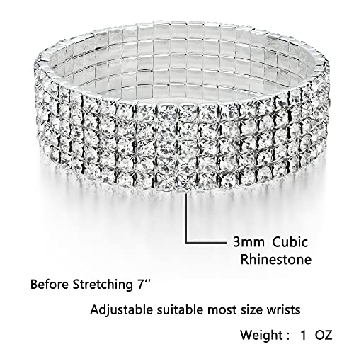 Zealmer Sparkle Multicolor Rhinestone Stackable Stretch Bracelets for Women - color: 5 Row Silver Bracelet