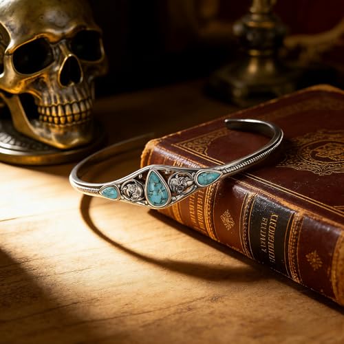 Genuine Turquoise Bracelet Cuff Bracelet for Women Mom 925 Sterling Silver Natural Turquoise Bangles Vintage Bracelet Boho Jewelry for Birthday Christmas Mother's Day Valentine's Day - style: Skull