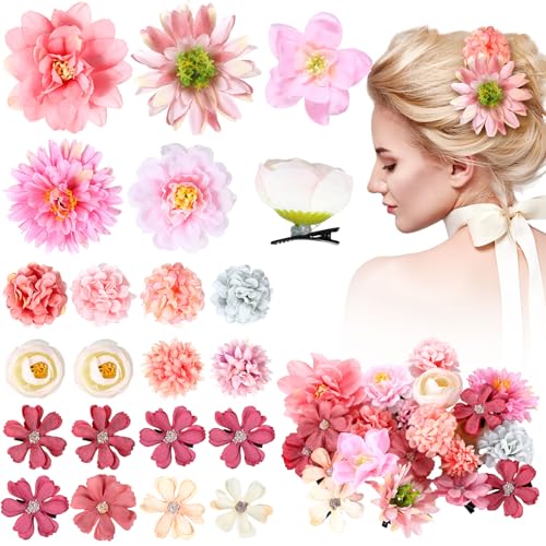 BBTO 21 Pcs Flower Hair Clip Rose Hair Clips Barrettes for Women Flower Accessories Boho Bride Claw Clip Hairpin Brooch Pin Headpiece for Wedding (Multicolor) - color: Multicolor