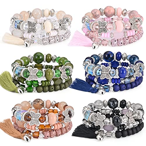 Bohemian Bracelet Sets for Women - 6 Sets Stackable Stretch Bracelets Multi-color Boho Jewelry for Women Hippie Bracelets Dainty Jewelry - color: Butterfly Stretch Bracelets Set