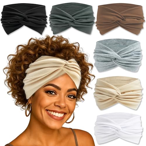 6 Pack Wide Headbands for Women Boho Twist Hair Bands Elastic Non-Slip Headwrap Yoga Workout Sport Hair Scarf Vintage Hair Accessories for Girls - color: SolidColor-1