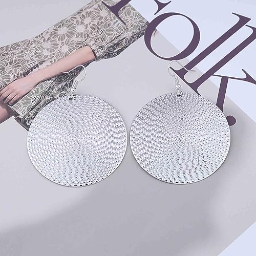 Boho Texture Disc Earrings - Gold Coin Vintage Drop Earrings, Hammered Round Circle Dangle Jewelry for Women - color: Silver