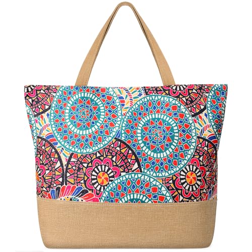 Trifabricy Beach Bag for Women, Large Beach Tote Bags with Zipper, Woven Straw Tote Waterproof, Swim Gym Shopping Travel Bag - color: Bohemia