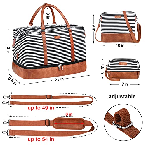 IBFUN Weekender Bags for Women, 21" Weekender Travel Bag, Travel Duffle Bag with Shoe Compartment Carry on Overnight Duffel Bag for Weekend Travel Business Trip, 3PCS - color: A1-Black Strip