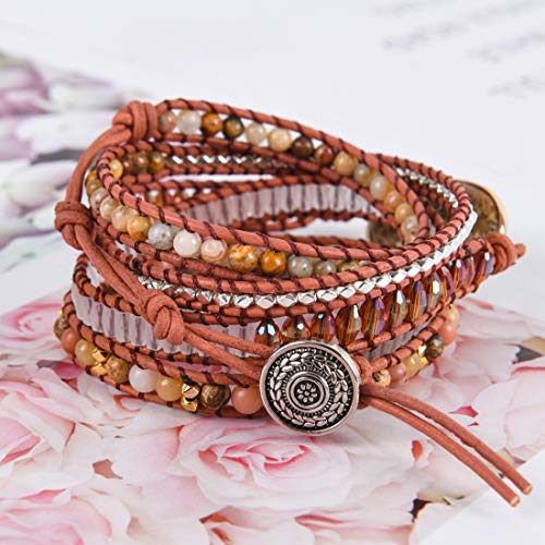 YGLINE Natural Stone Beaded Healing Wax String 5 Wraps Bracelets - color: coral jade