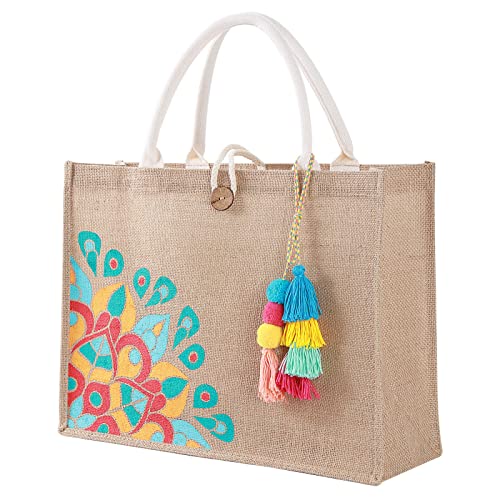 itgowisa Jute Beach Bag for Women, Burlap Beach Tote Bag with Tassel Pocket, Summer Gift for Vacation, Pool, Cruise & Grocery | Jute material - color: Colorful Tassel